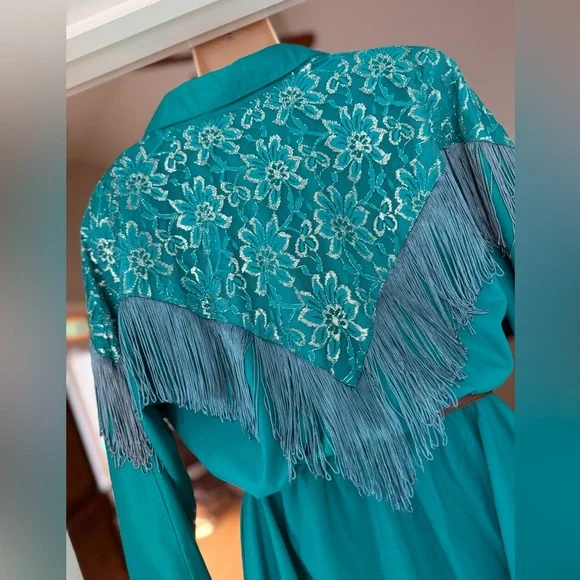 VTG 80s Lilia Guilty Smitty Smith Teal Green Fringed Western Cowgirl Maxi Dress - Picture 7 of 13